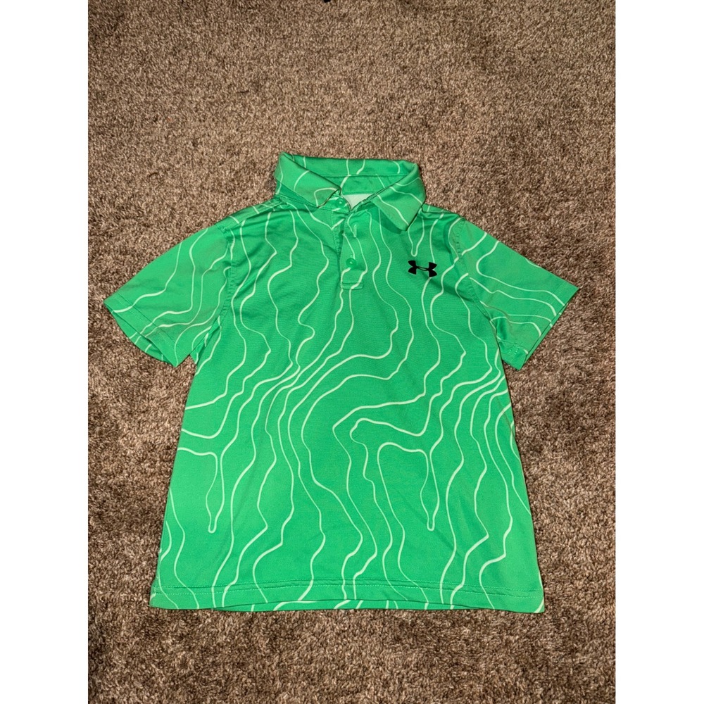 Under Armour Kids Polo Shirt Green Wavy Pattern YXS HeatGear Loose Fit-738